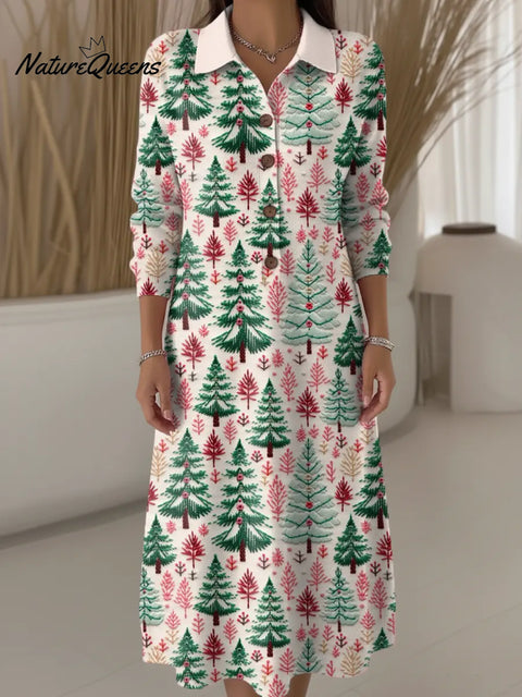 Women's Christmas Tree Pattern Art Print Casual Knitted Dress