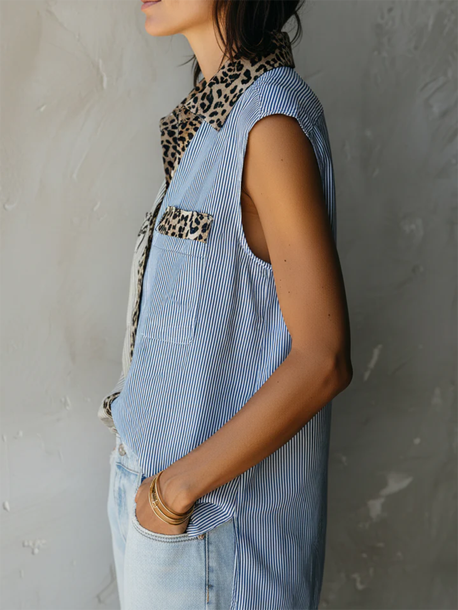 Casual Leopard-print And Striped Patchwork Cotton Blouse