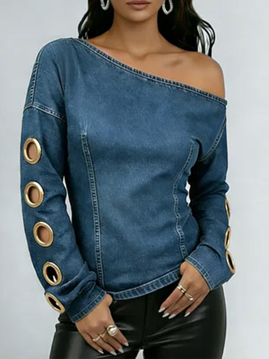 Women's Off-the-shoulder Long-sleeved Casual Loose Denim Top
