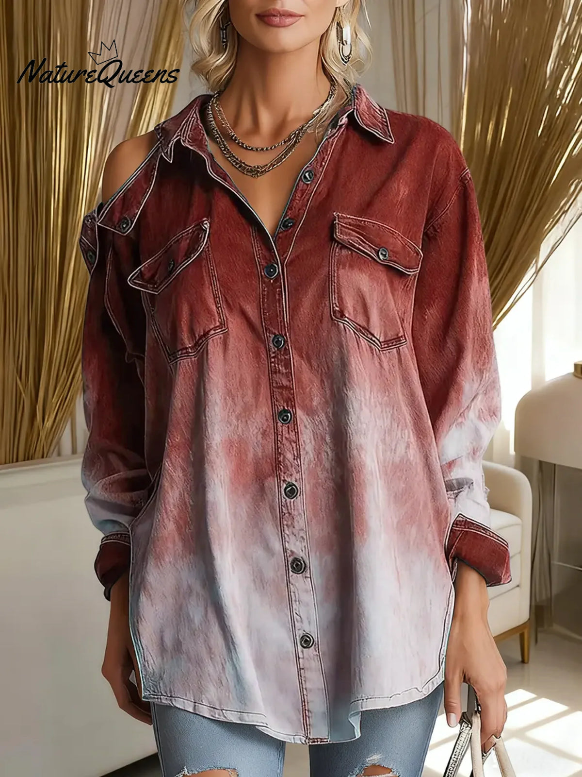 Women's Gradient Collared Long-Sleeved Casual Loose Cotton Shirt