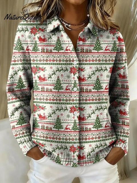 Women's Retro Christmas Elements Printed Collared Sweater