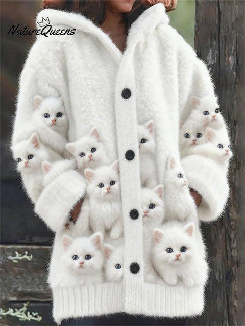 Women's Funny Cats Pattern Art Print Casual Fleece Coat