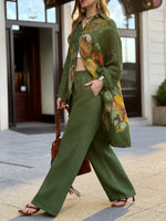 Two-piece Set Featuring A Loose, Casual Printed Linen-cotton Shirt And Solid-colored Trousers.