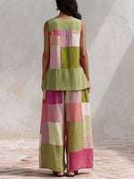 Women's Geometric Print Cotton-linen Set: Crew Neck Sleeveless Loose-fit Top & High-waisted Loose-fit Wide-leg Pants