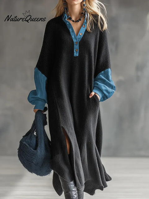 Women's Shirt Collar Long Sleeve Denim Stitching Casual Loose Knit Dress