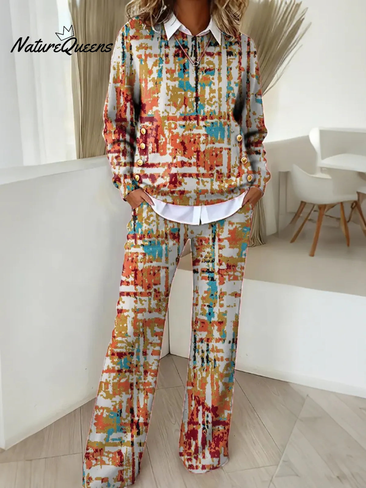 Women's Abstract Pattern Art Print Casual Cotton Knitted Suits