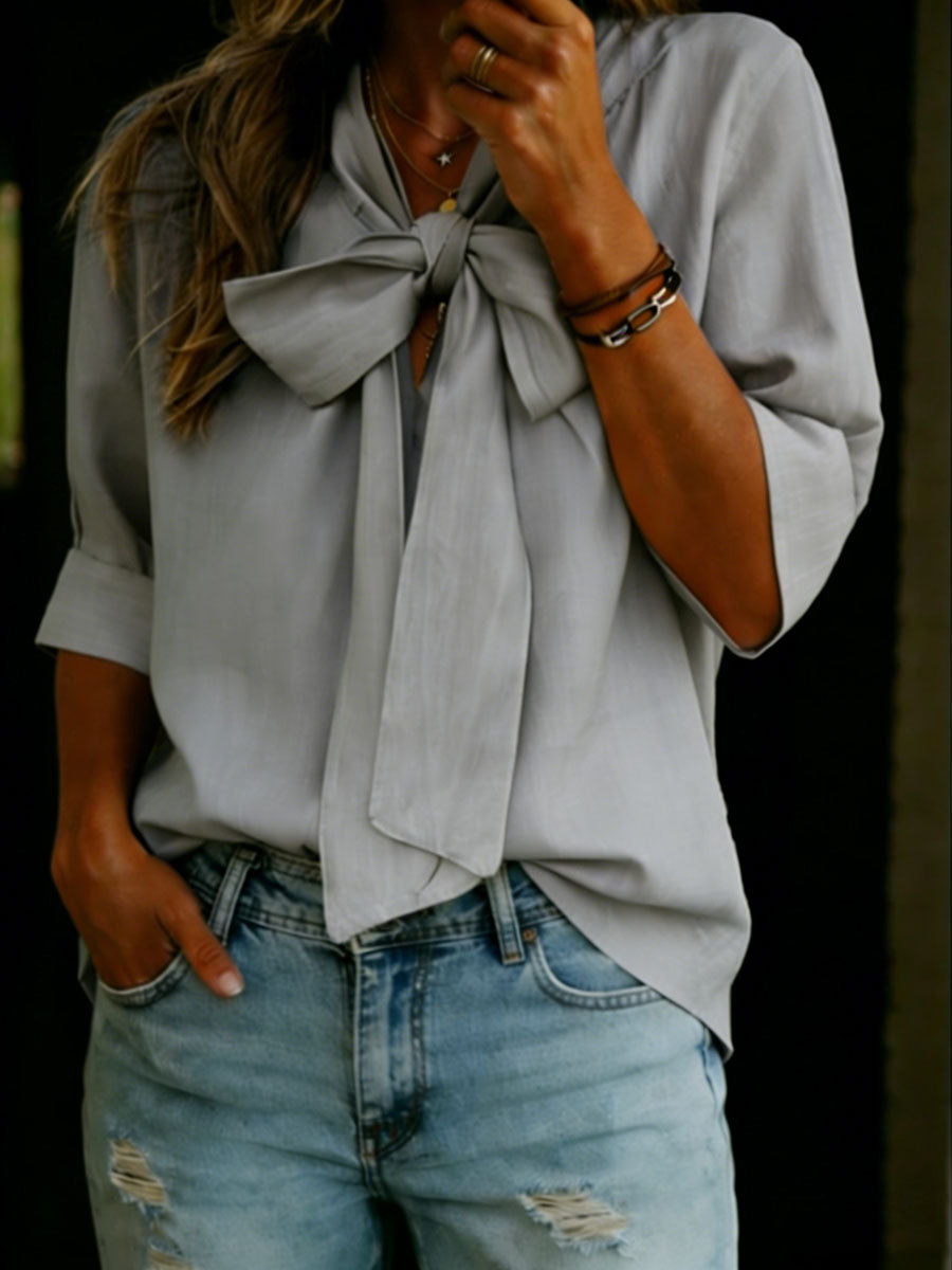 Women's Solid Color Tie-front Linen Cotton Shirt