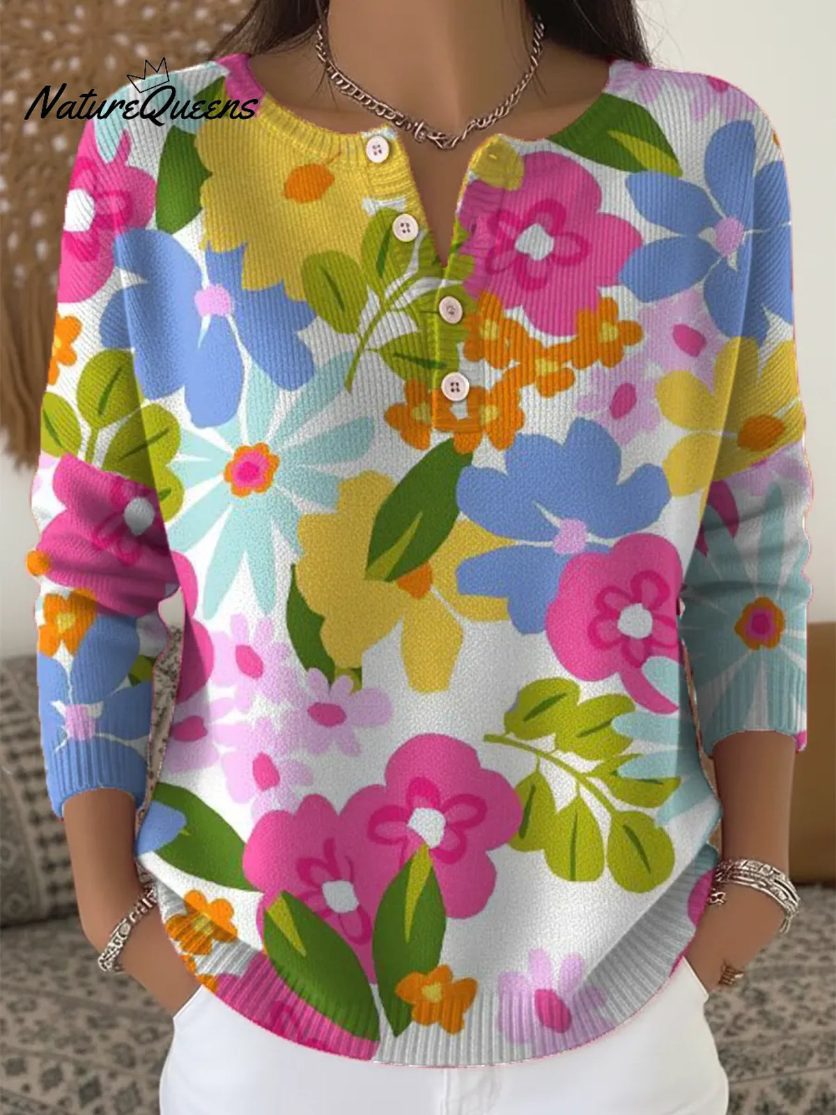 Women's Vintage Flower Art Print Buttoned Cardigan Sweater