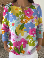 Women's Vintage Flower Art Print Buttoned Cardigan Sweater