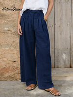 Women's Solid Color High-waisted Pleated Casual Loose Cotton And Linen Wide-leg Pants