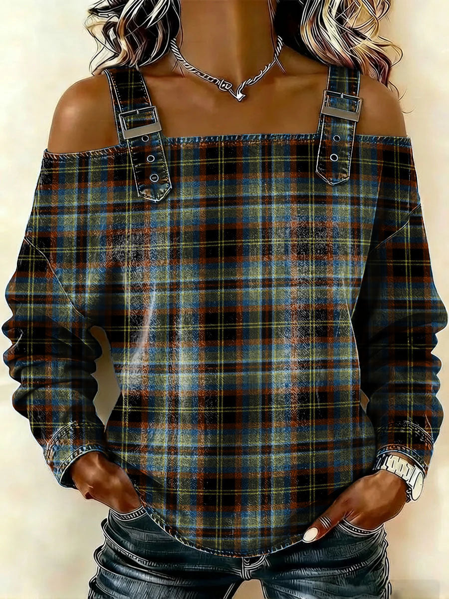 Women‘s Retro Plaid Print Casual Cotton Denim Shirt
