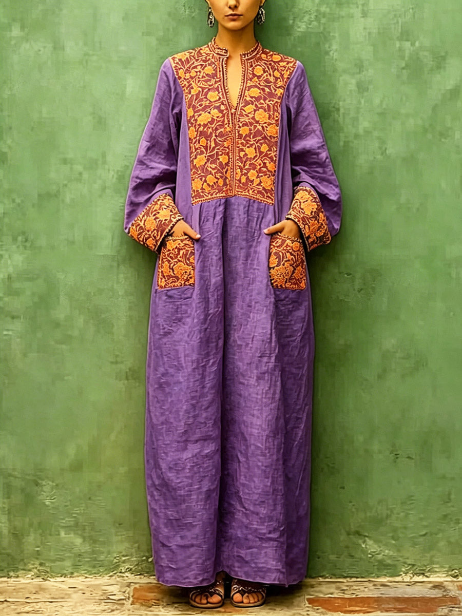 Women's Retro Ethnic Floral Pattern Art Print Casual Cotton Linen Dress