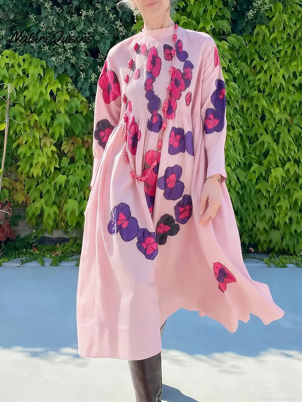 Women's Vintage-style Printed Stand-collar Long-sleeved Casual Loose Cotton Dress