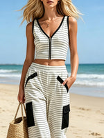 Women's Striped Art Comfortable Casual Stylish Top And Pants Cotton Linen Two-piece Set