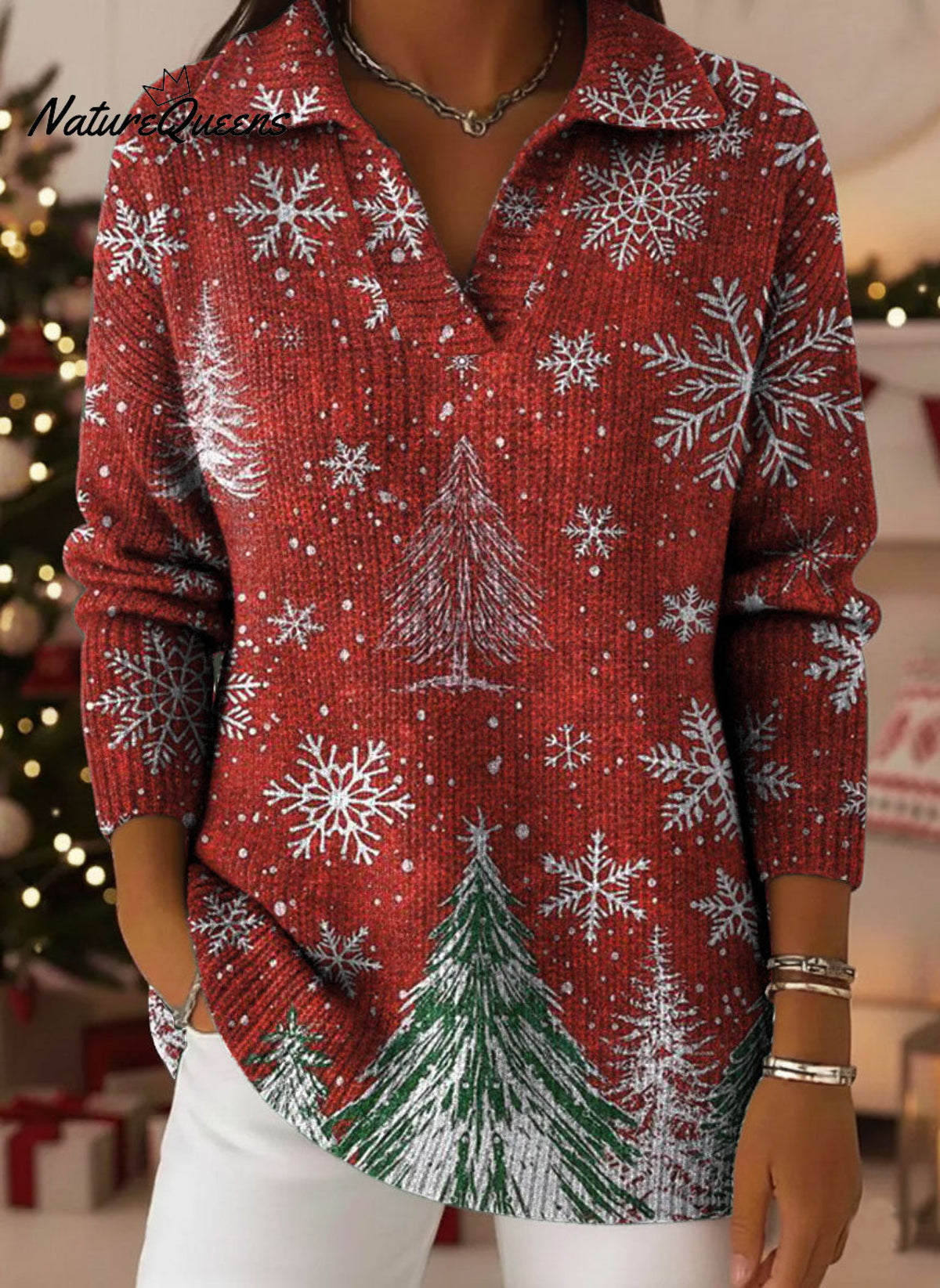 Retro Christmas Trees Snowflake Art Pattern Polo Collar Shiny Loose Sweater Top