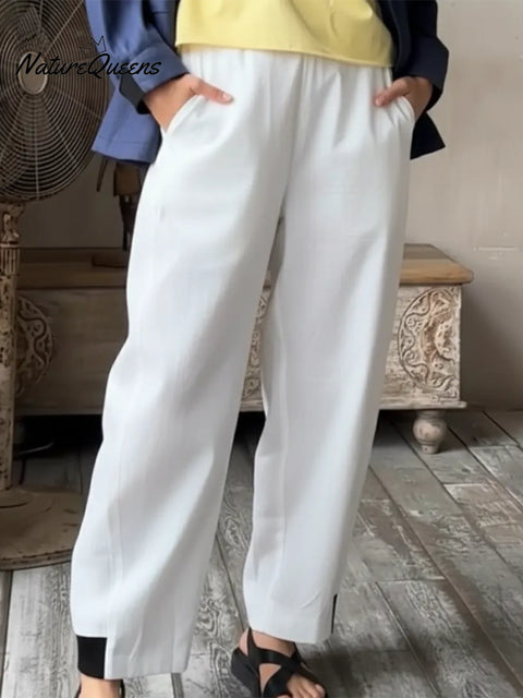 Women's 3D Cut Solid Color Linen Trousers
