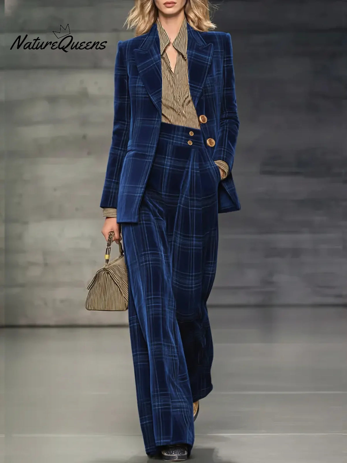 Women's Velvet Plaid Suit Jacket And Trousers Two-piece Set