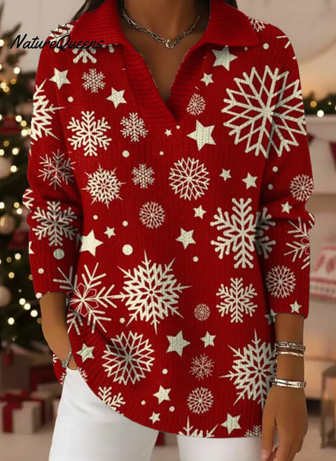 Women's Christmas Snowflake Art Print Casual Cotton Sweater