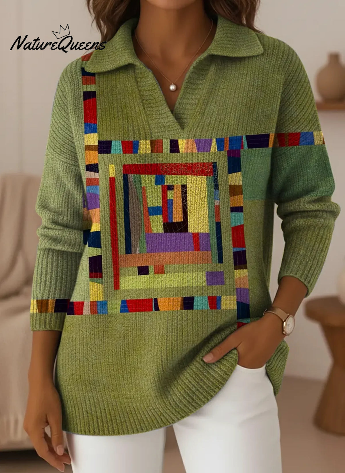 Women's Retro Art Abstract Geometry V-neck Sweater