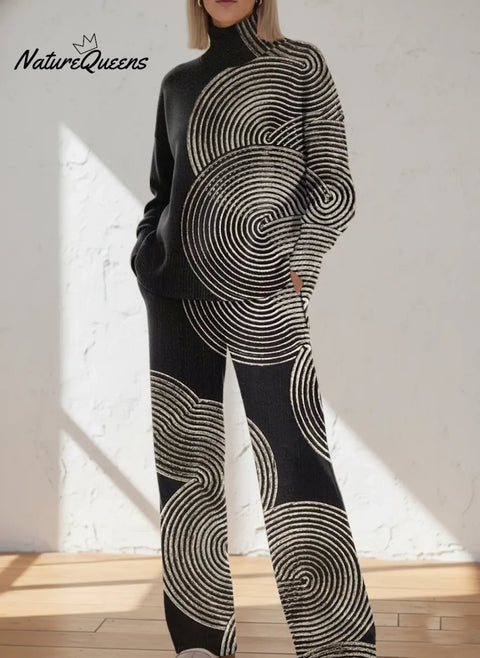 Women's Retro Abstract Geometric Art Print Casual Knit Set