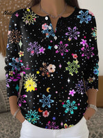 Women's Color Flowers Black Pattern Art Print Buttoned Cardigan Sweater