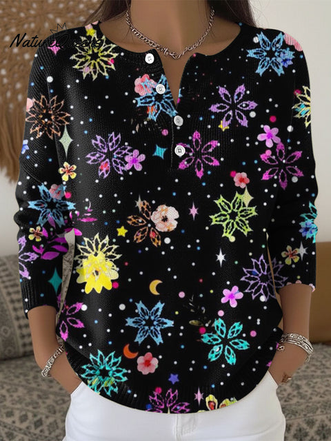 Women's Color Flowers Black Pattern Art Print Buttoned Cardigan Sweater