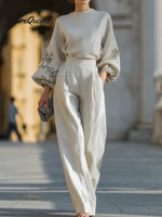 Women's Linen And Cotton Top And Trousers Two-piece Set