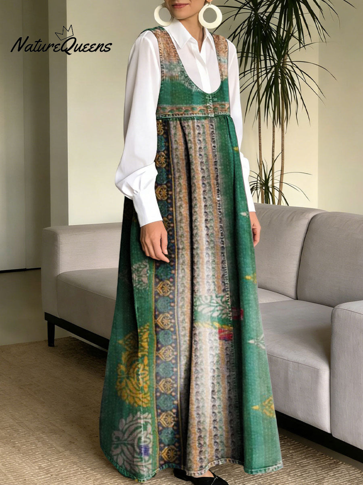 Women's Retro Colorful Flowers Pattern Art Print Casual Cotton Denim Dress