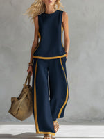 Women's Round Neck Sleeveless Casual Loose Top And High-waisted Loose Wide-leg Pants Cotton And Linen Set.