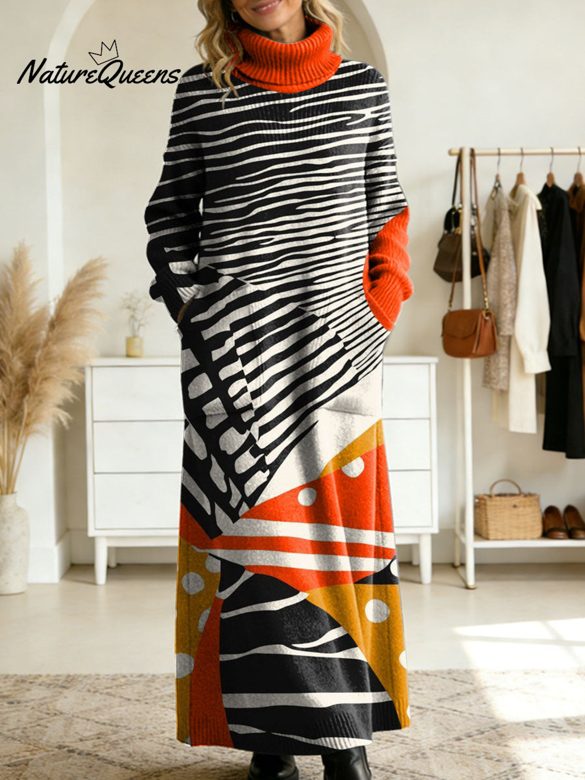 Women's Retro Abstract Geometric Colorful Splicing Patterns Art High-neck Long-sleeve Casual Loose Knit Dress