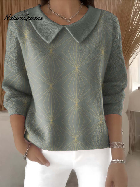 Simple Geometric Line Decorative Patterns Women's Casual Peter Pan Collar Sweater