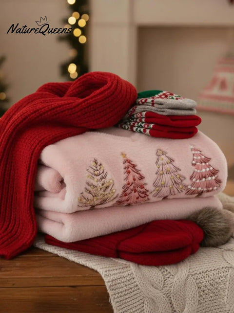 Christmas Tree Print V-neck Mink Fleece Pullover