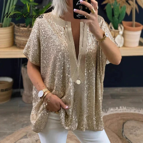 Women's Loose Sequined V-neck Short-sleeved Casual Shirt