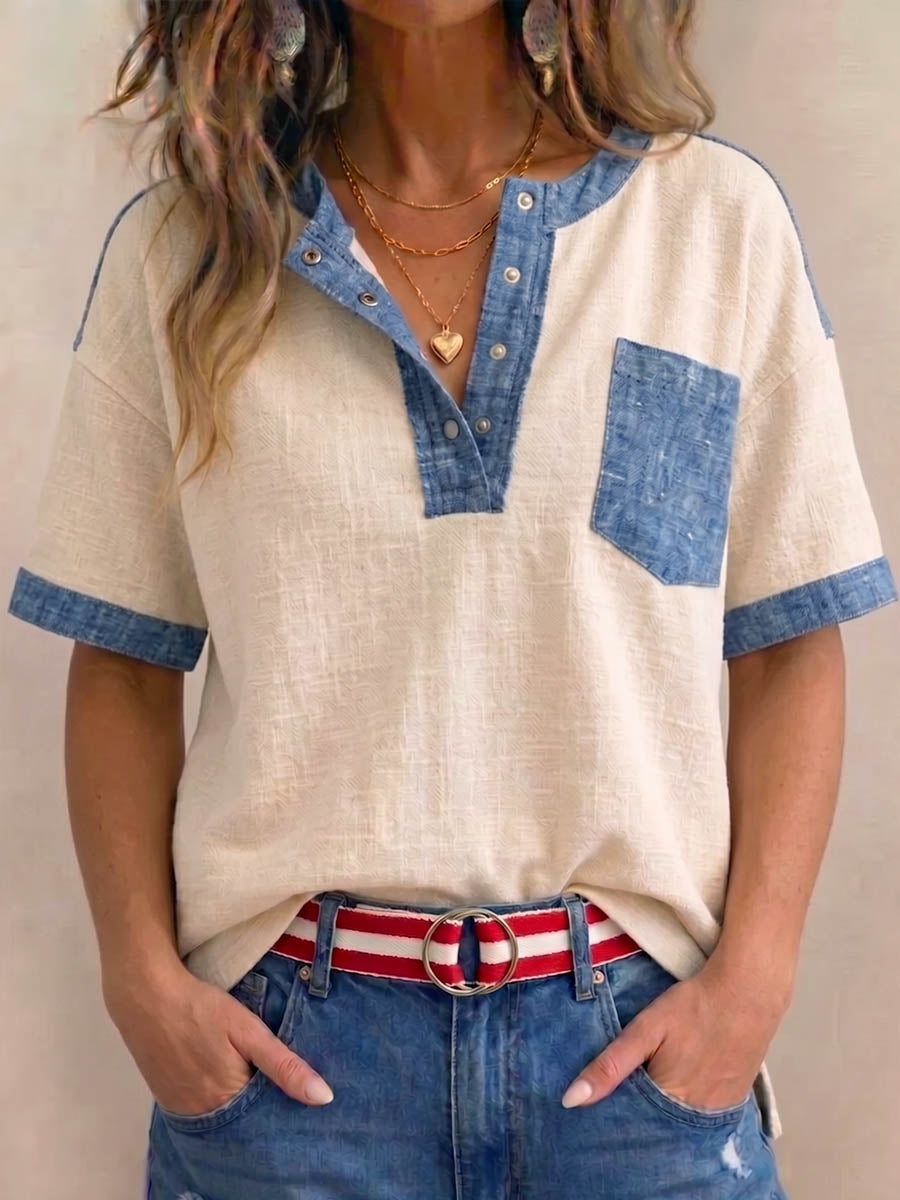 Women's V-neck Short-sleeve Casual Loose Cotton-linen Patchwork Top