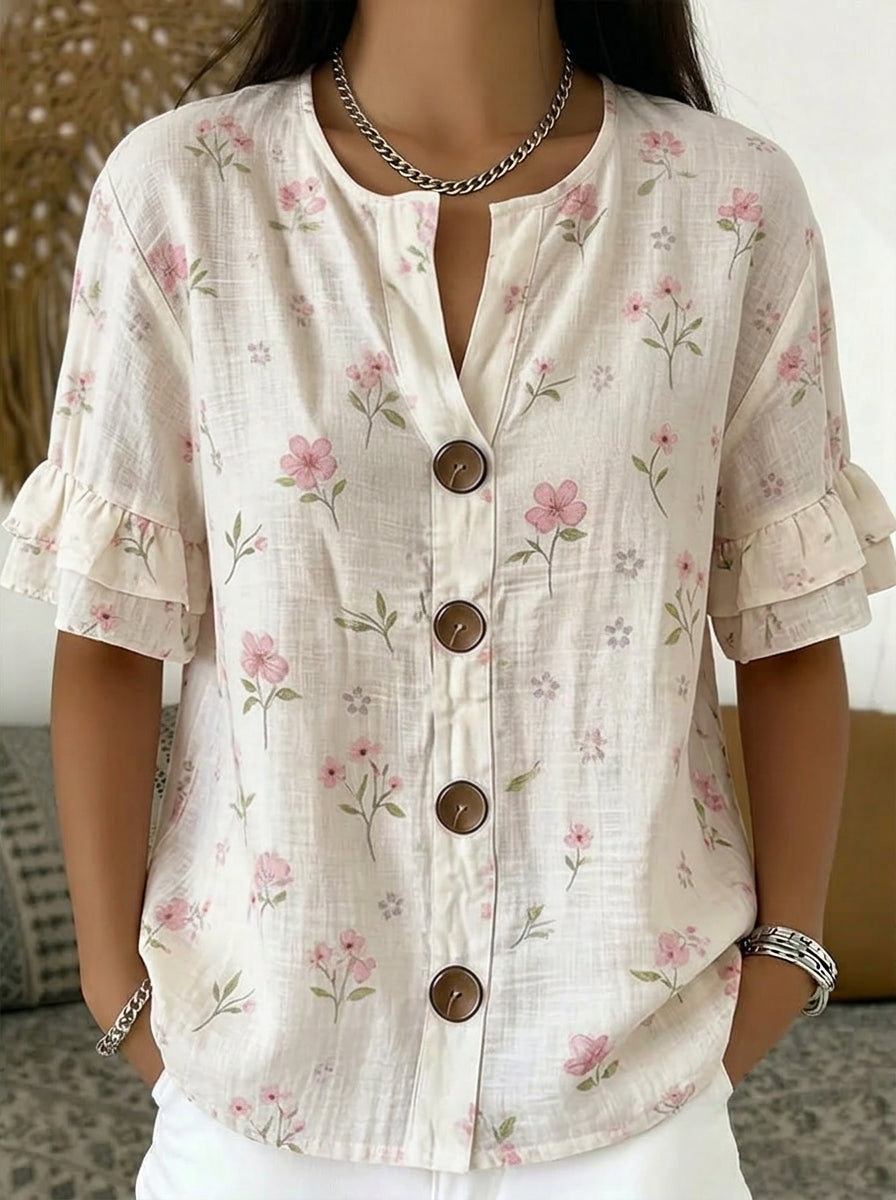 Women's Causal Flower Bottom Down V-neck Ruffled Short Sleeve Cotton Top