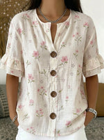 Women's Causal Flower Bottom Down V-neck Ruffled Short Sleeve Cotton Top