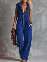 Women's Solid Color Sleeveless Casual Loose Hooded Cotton Wide-leg Jumpsuit