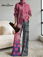 Women's Retro Abstract Geometric Colorful Splicing Patterns Art Print Casual Cotton Knitted Suits