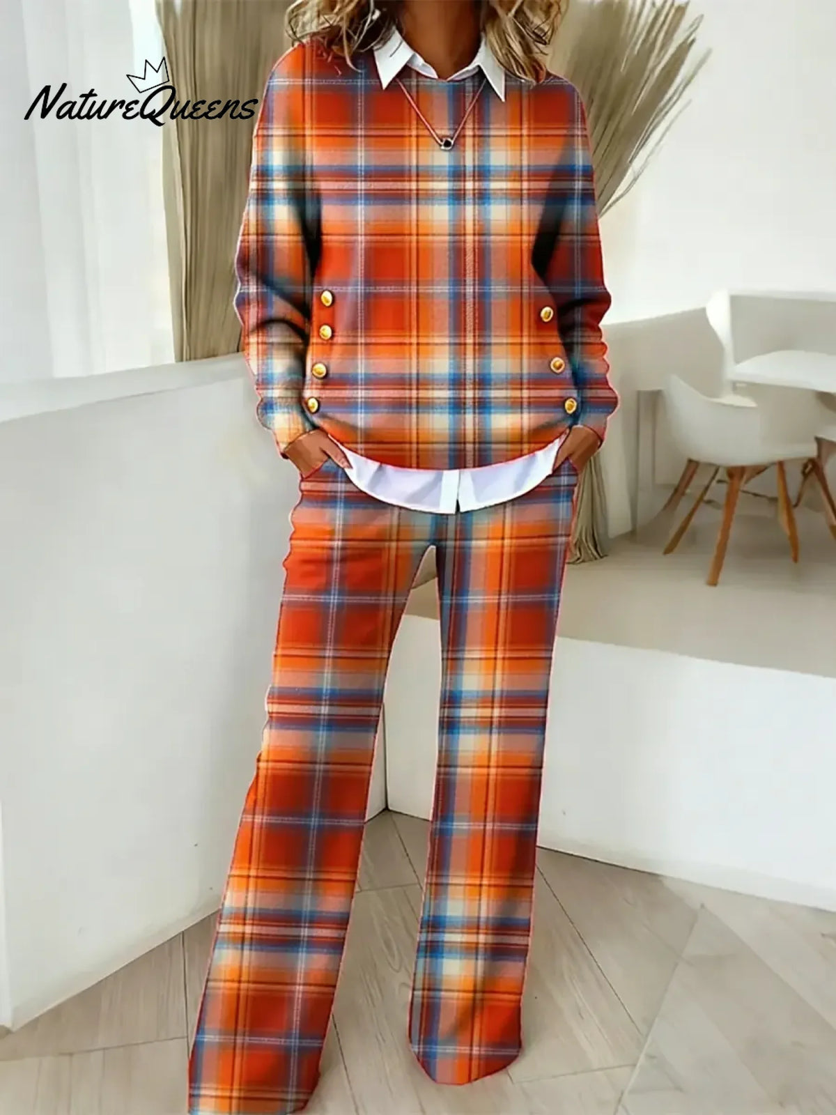 Women's Plaid Pattern Art Print Casual Cotton Knitted Suits