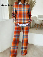 Women's Plaid Pattern Art Print Casual Cotton Knitted Suits
