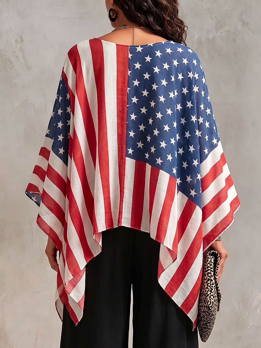 Women's Vintage Flag Print V-neck 3/4-sleeve Casual Loose Cotton-linen Top