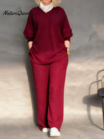 Women's Solid Color V-neck Long Sleeve Casual Loose Waffle Knit Top And High-waisted Wide-leg Pants Set