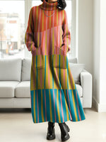 Women's Retro Patchwork Colorful Geometric Stripes Print Casual Cotton Knitted Dress