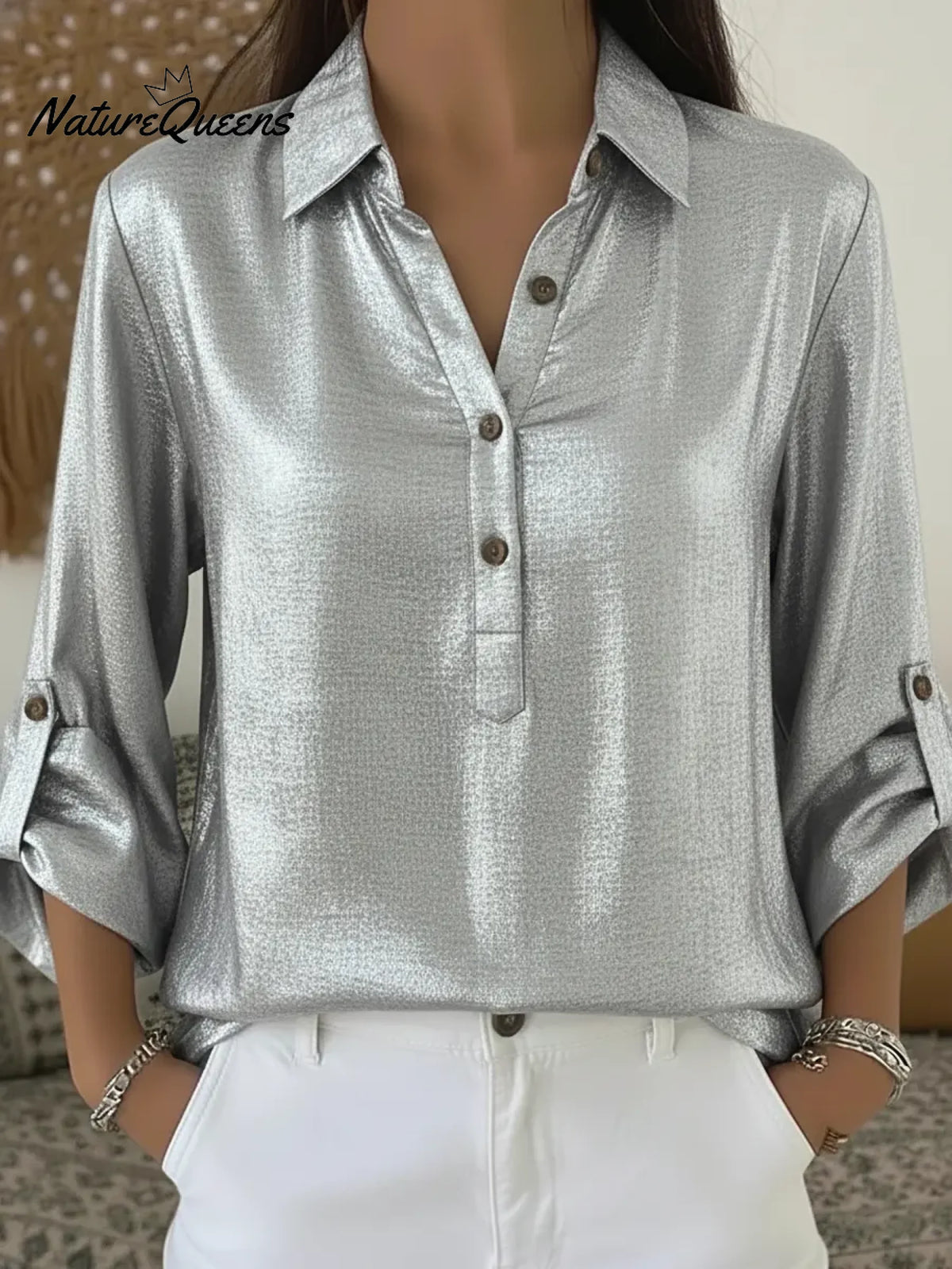 Women's Henley Collar Satin Shirt