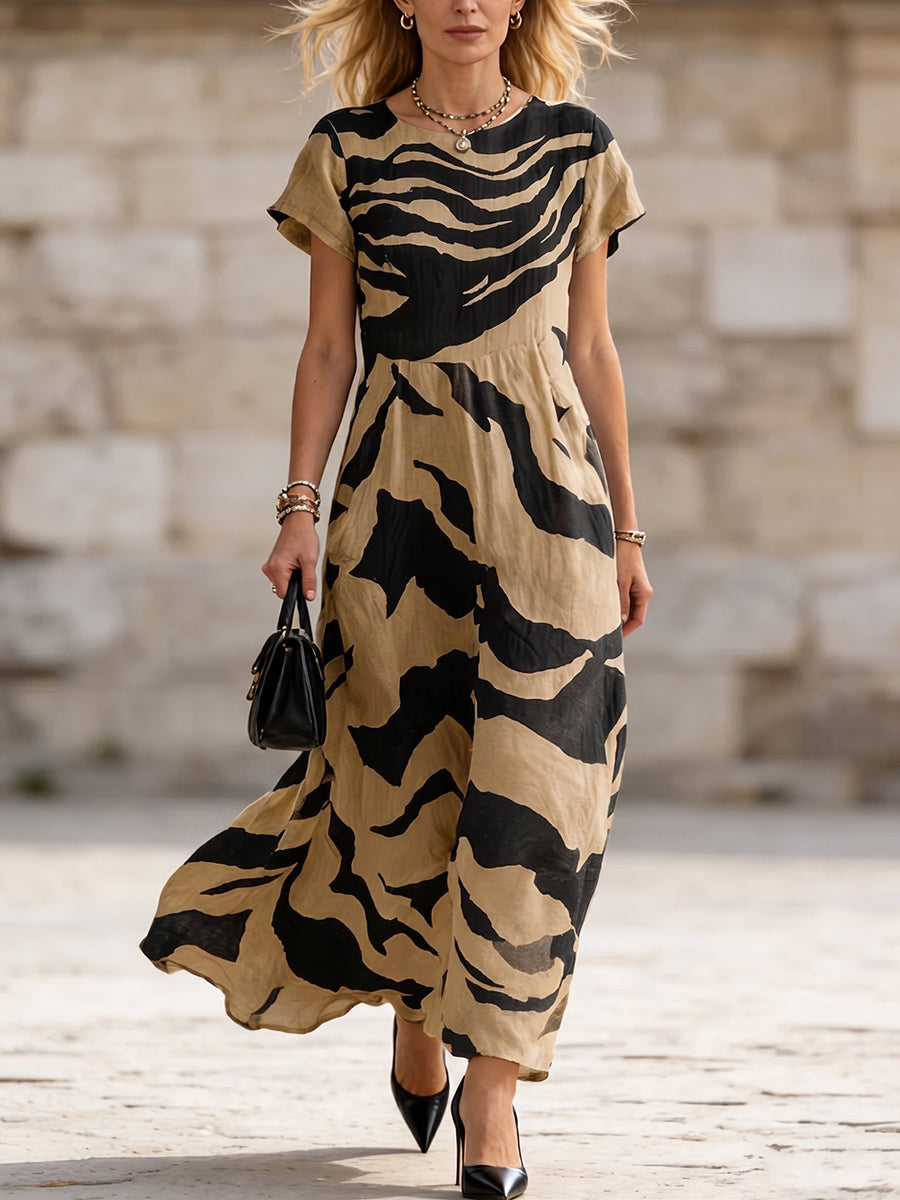 Artistic Zebra-print Cotton-linen Dress