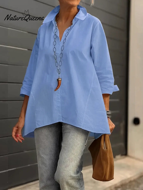 Women's Solid Color Collared Long-Sleeved Casual Cotton Linen Loose Shirt