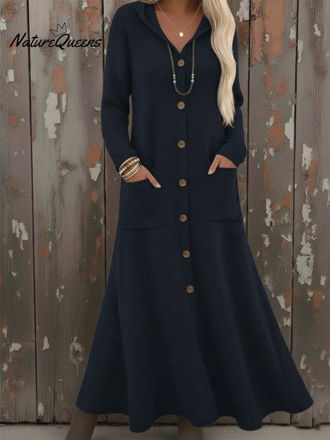 Cozy Loose-fitting Button-down Hooded Cardigan Knit Dress