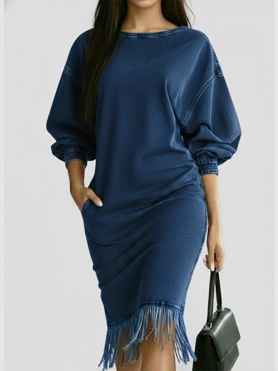Casual Denim Dress With Tassels