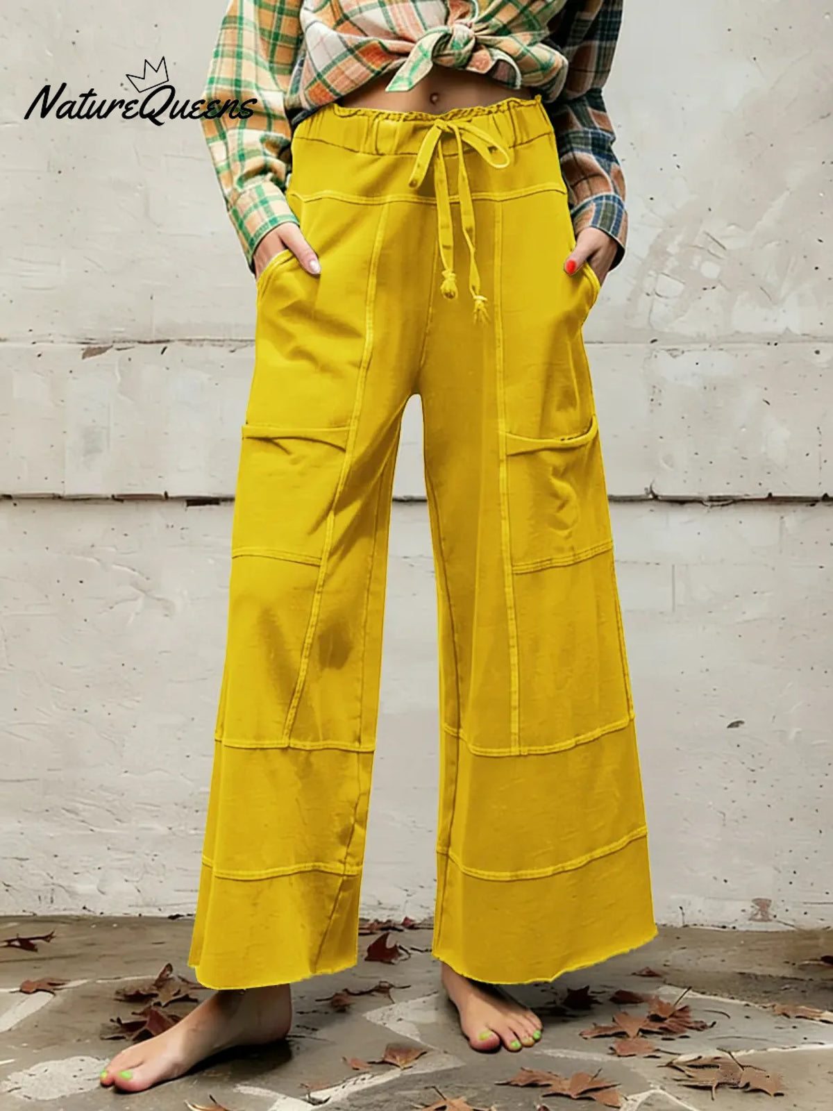 Women's Solid Color High-waisted Drawstring Wide-leg Pants Made Of Cotton And Linen Blend.