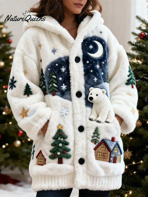 Women's Polar Bear Pattern Art Print Casual Fleece Coat